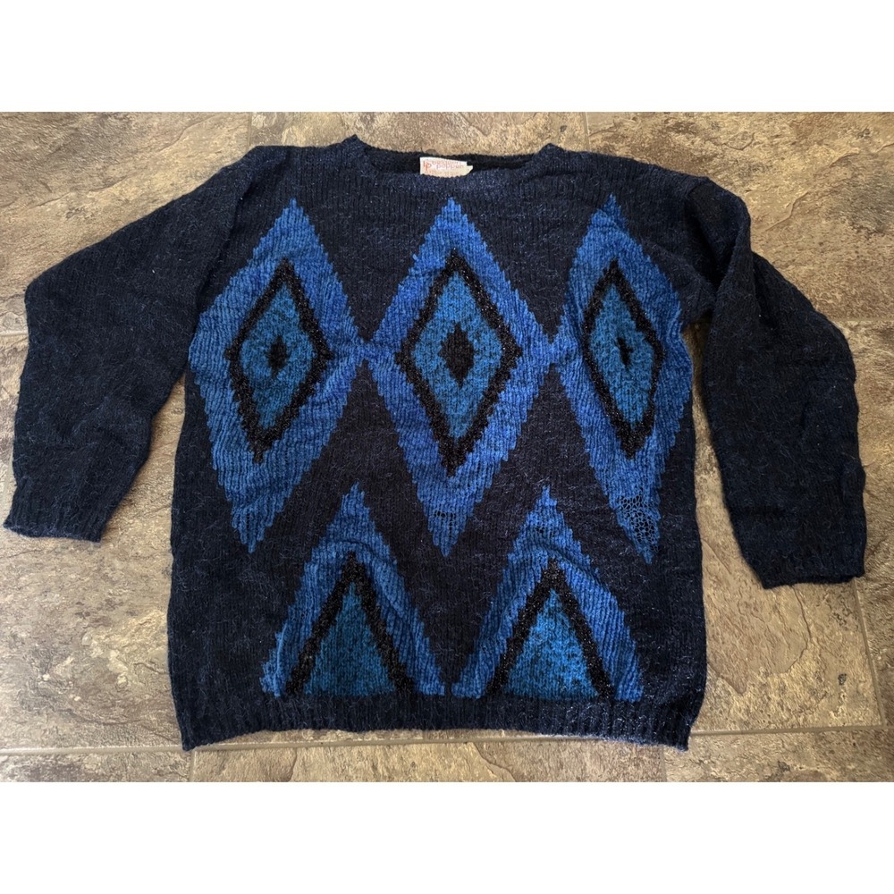 Vintage Beldoch Popper Sweater Diamond Pattern Blue Black Acrylic‎ Wool Blend S